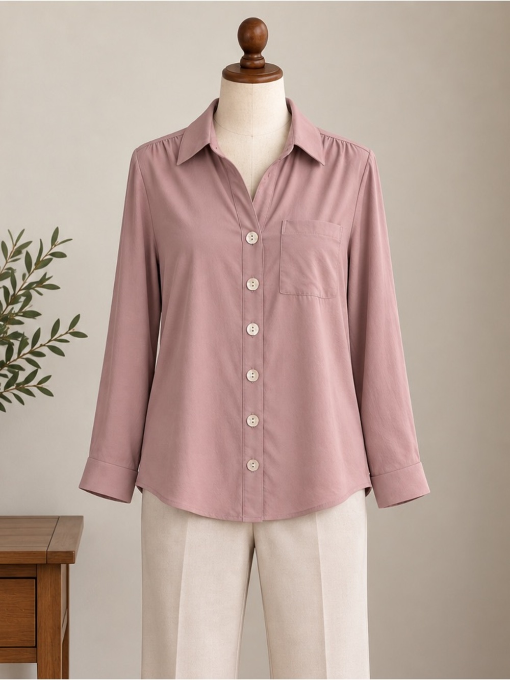 Lily Morgan Dusty Rose Button Blouse Small Quiet Luxury Office Chic